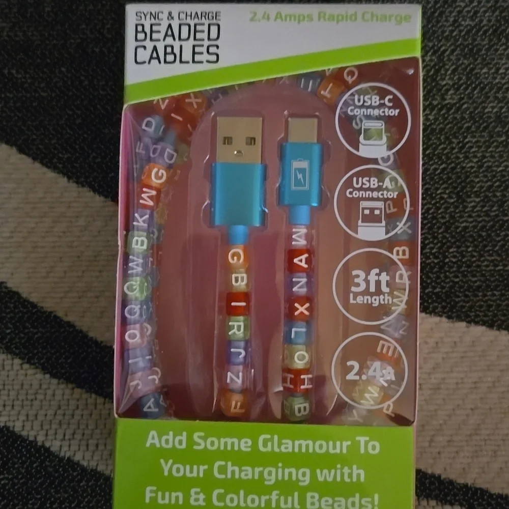 Glitz & Glam 3ft Power Charging Cable USB-C ConnectorUSB-AComnector 2.4 ampshp🔥